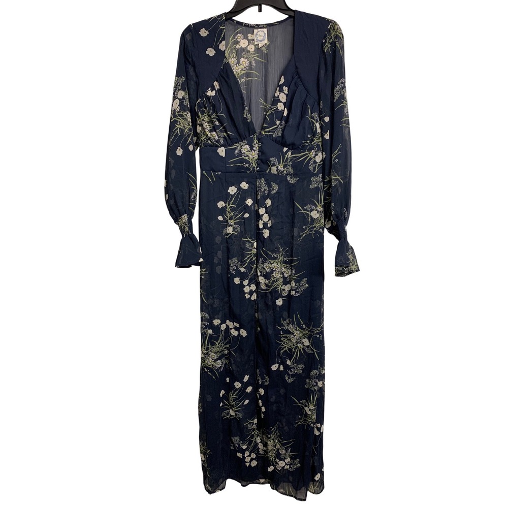 Blue Rain Navy Blue Floral  Maxi Dress Duster Smocked Waist Size‎ L